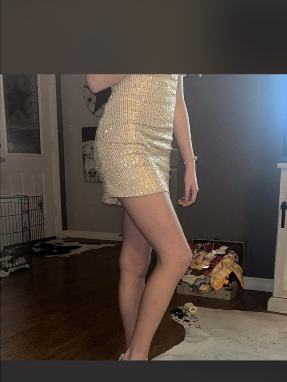 Gold Off-Shoulder Ruched Mini Dress - Picture 3 of 3